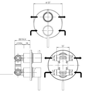 Встраиваемый смеситель для ванны Paini Cox 78CR6911 с дивертором на два выхода хром