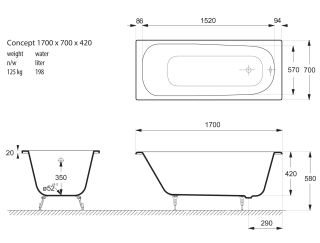 Ванна чугунная Vinsent Veron Concept VCO1707042 170x70см без отверстий для ручек