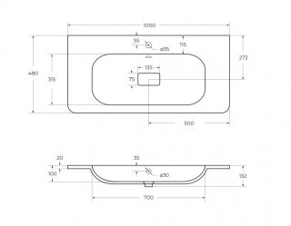 Раковина из искусственного мрамора, 100 см CEZARES CZR-1000/480-LV-MR-NV белый
