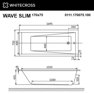Гидромассажная ванна WHITECROSS Wave Slim 0111.170075.100.SMARTNANO.GL 170x75 см Smart Nano золото