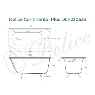 Ванна чугунная Delice Continental PLUS DLR230633 150х70 см