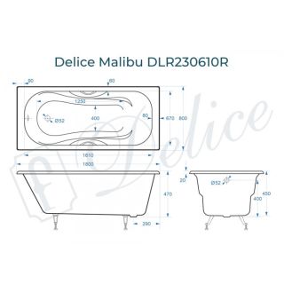 Ванна чугунная Delice Malibu DLR230610R 180x80 с отверстиями под ручки