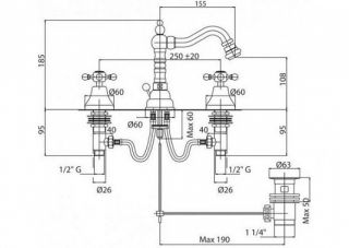 Смеситель для биде на три отверстия, золото Cezares LORD-BBS2-03/24