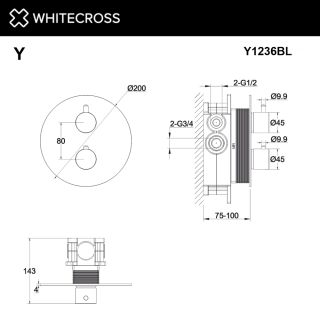Смеситель термостат скрытого монтажа на 2 потребителя WHITECROSS Y Y1236GM оружейная сталь